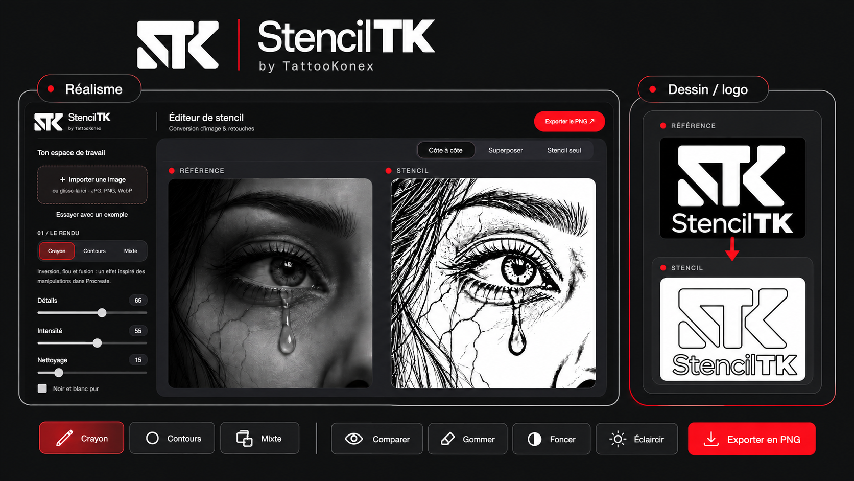 StencilTK : comparaison référence et stencil, réalisme et contours de logo